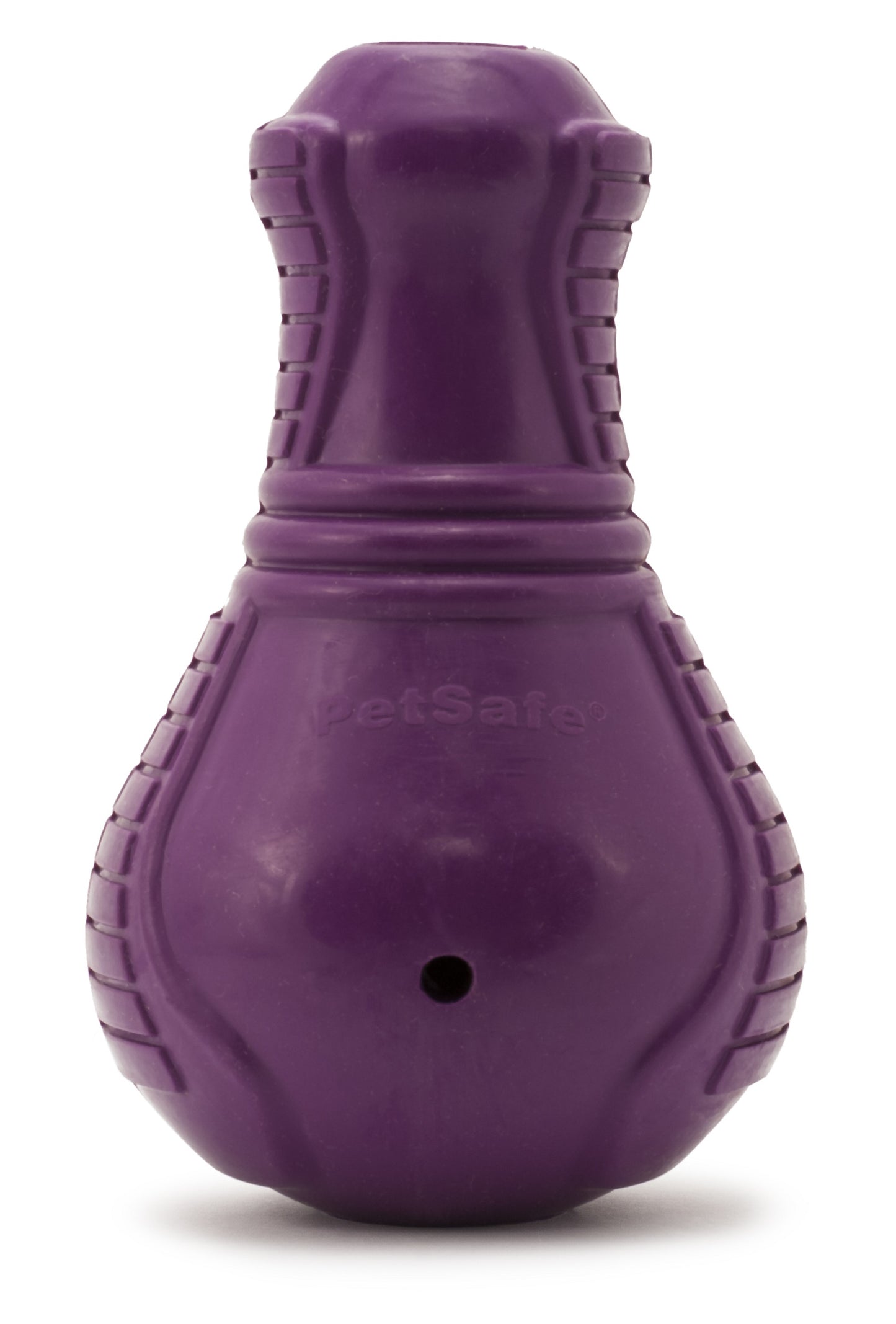 "Lila Hundespielzeug in Form einer Bowlingpin mit einer Öffnung für Leckerlis, Markenname 'PetSafe' sichtbar."