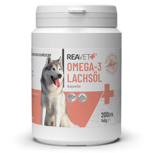 REAVET Lachsöl Kapseln für Hunde & Katzen – Omega-3. 200 Stk.